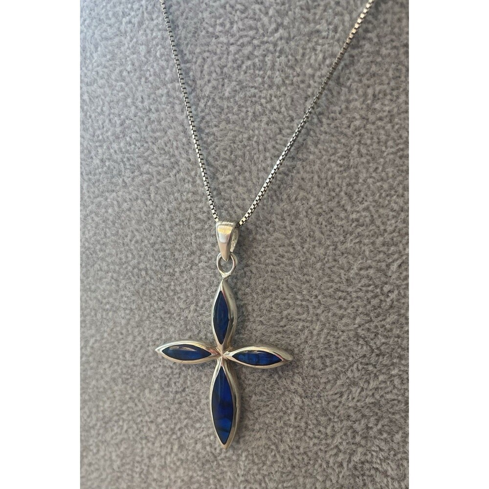 Sterling Silver Blue Cross Necklace Stamped 925 18 Inch Chain